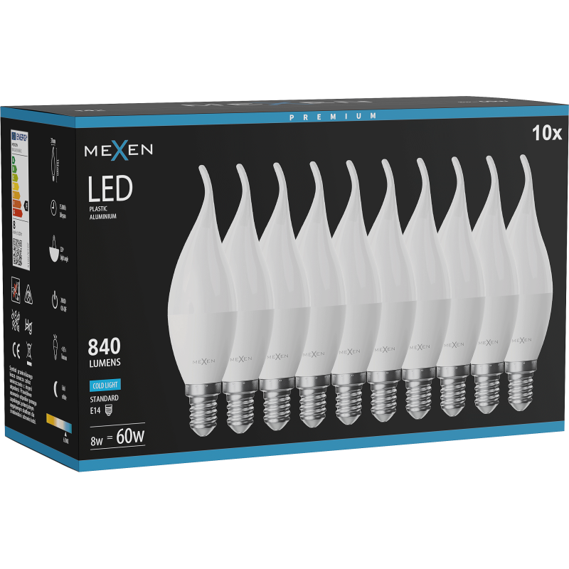 Mexen Nova 10x LED žárovka plamen E14, C37, 8W, Studená - 6500K, 840 lm - L106-E14-0865-01x10