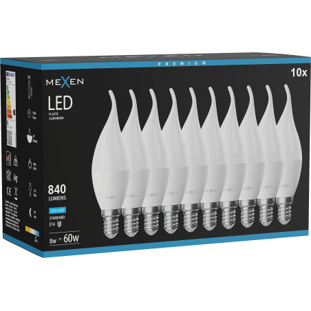 Mexen Nova 10x LED žárovka plamen E14, C37, 8W, Studená - 6500K, 840 lm - L106-E14-0865-01x10