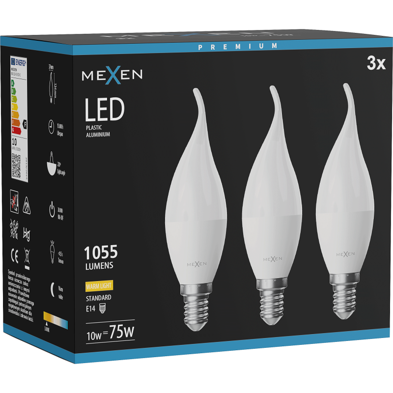 Mexen Nova 3x LED žárovka plamen E14, C37, 10W, Teplá - 3000K, 1055 lm - L106-E14-1030-01x03