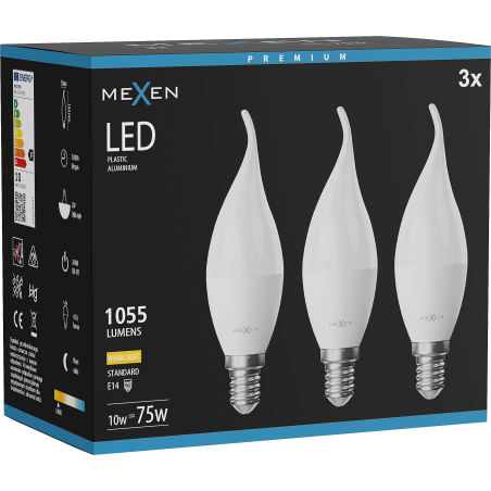 Mexen Nova 3x LED žárovka plamen E14, C37, 10W, Teplá - 3000K, 1055 lm - L106-E14-1030-01x03