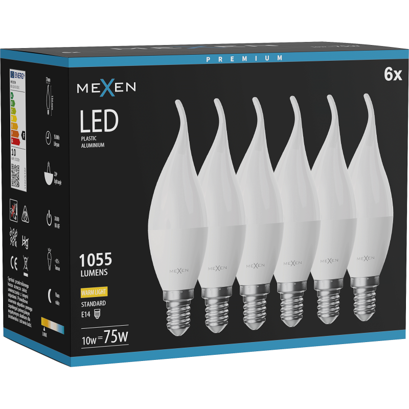 Mexen Nova 6x LED žárovka plamen E14, C37, 10W, Teplá - 3000K, 1055 lm - L106-E14-1030-01x06