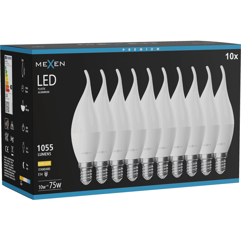 Mexen Nova 10x LED žárovka plamen E14, C37, 10W, Teplá - 3000K, 1055 lm - L106-E14-1030-01x10