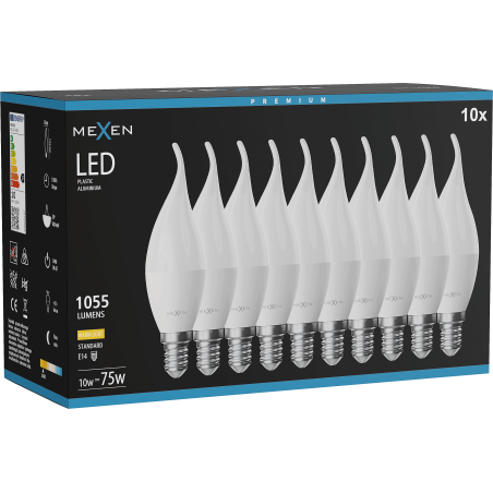 Mexen Nova 10x LED žárovka plamen E14, C37, 10W, Teplá - 3000K, 1055 lm - L106-E14-1030-01x10