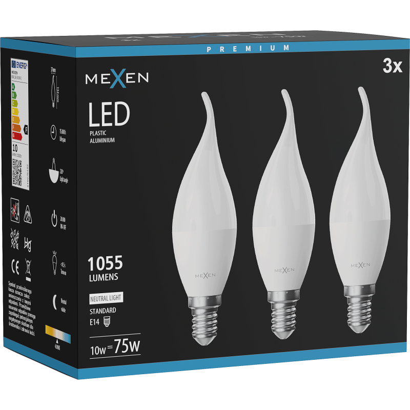 Mexen Nova 3x LED žárovka plamínek E14, C37, 10W, Neutrální - 4000K, 1055 lm - L106-E14-1040-01x03