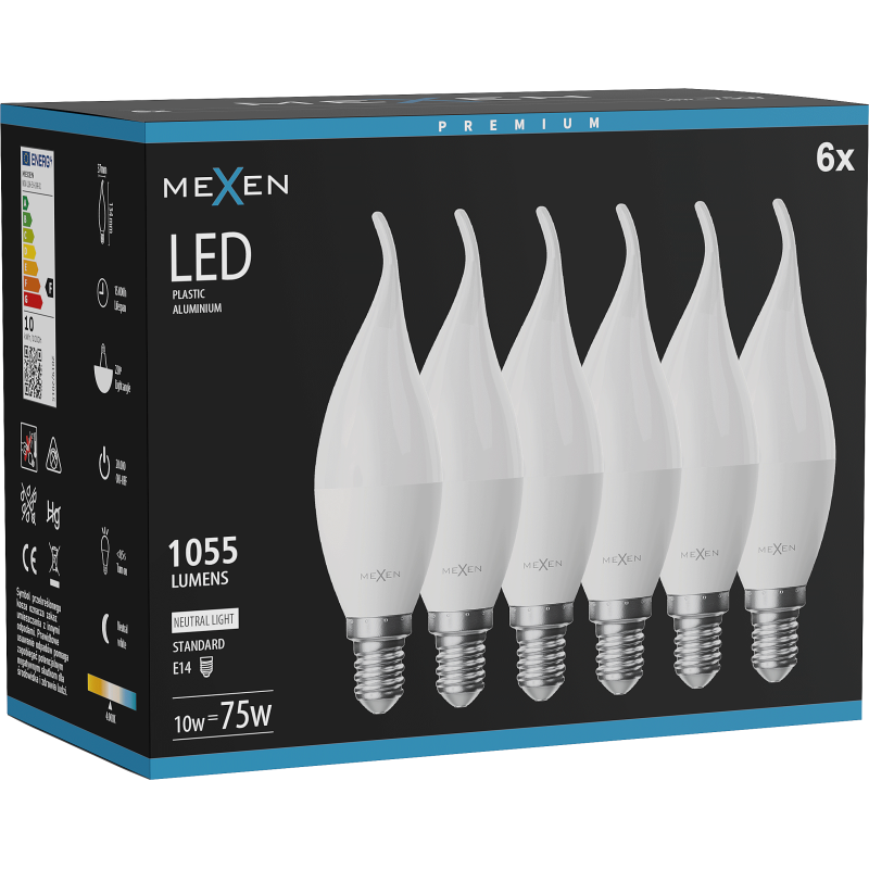 Mexen Nova 6x LED žárovka plamen E14, C37, 10W, Neutrální - 4000K, 1055 lm - L106-E14-1040-01x06