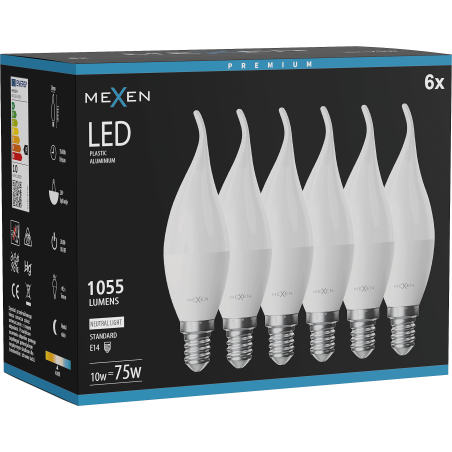 Mexen Nova 6x LED žárovka plamen E14, C37, 10W, Neutrální - 4000K, 1055 lm - L106-E14-1040-01x06