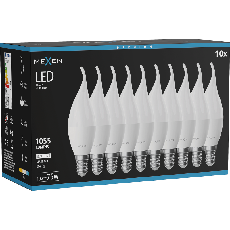 Mexen Nova 10x LED žárovka plamínek E14, C37, 10W, Neutrální - 4000K, 1055 lm - L106-E14-1040-01x10