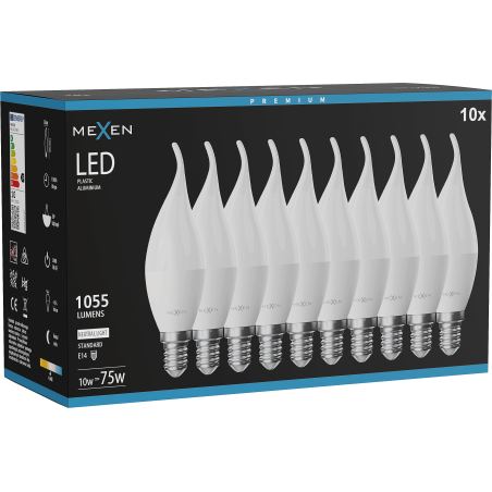 Mexen Nova 10x LED žárovka plamínek E14, C37, 10W, Neutrální - 4000K, 1055 lm - L106-E14-1040-01x10