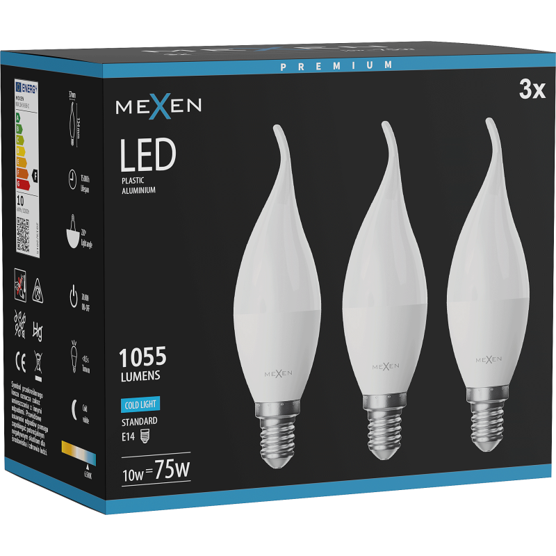 Mexen Nova 3x LED žárovka plamen E14, C37, 10W, Studená - 6500K, 1055 lm - L106-E14-1065-01x03