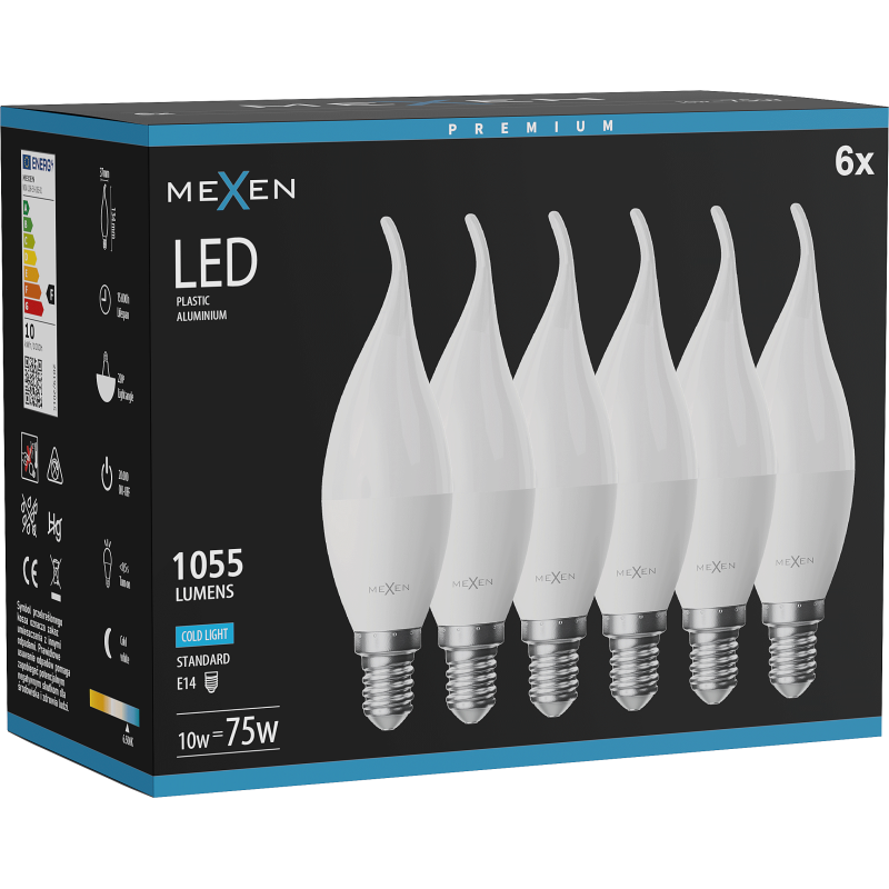 Mexen Nova 6x LED žárovka plamen E14, C37, 10W, Studená - 6500K, 1055 lm - L106-E14-1065-01x06