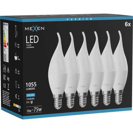 Mexen Nova 6x LED žárovka plamen E14, C37, 10W, Studená - 6500K, 1055 lm - L106-E14-1065-01x06
