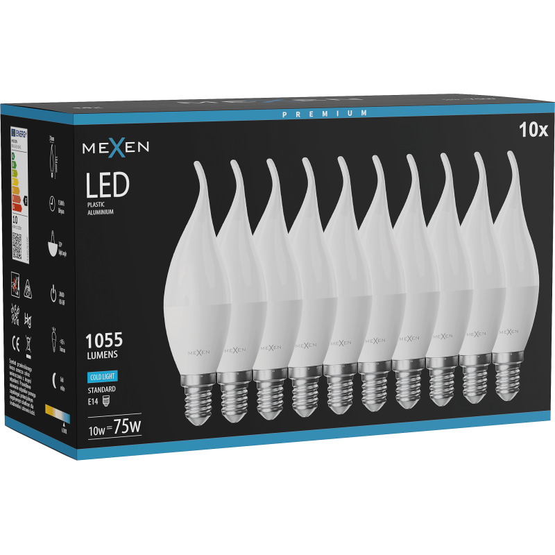Mexen Nova 10x LED žárovka plamínek E14, C37, 10W, Studená - 6500K, 1055 lm - L106-E14-1065-01x10