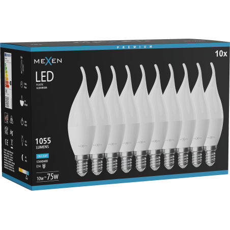 Mexen Nova 10x LED žárovka plamínek E14, C37, 10W, Studená - 6500K, 1055 lm - L106-E14-1065-01x10