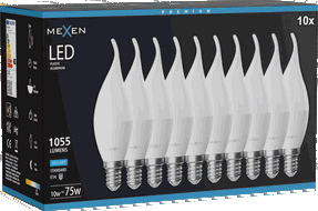 Mexen Nova 10x LED žárovka plamínek E14, C37, 10W, Studená - 6500K, 1055 lm - L106-E14-1065-01x10