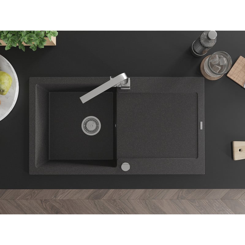 Mexen Leo granitový dřez 1-komorový s odkapávačem a kuchyňskou baterií Rita, černý skvrnitý - 6501-76-670300-00