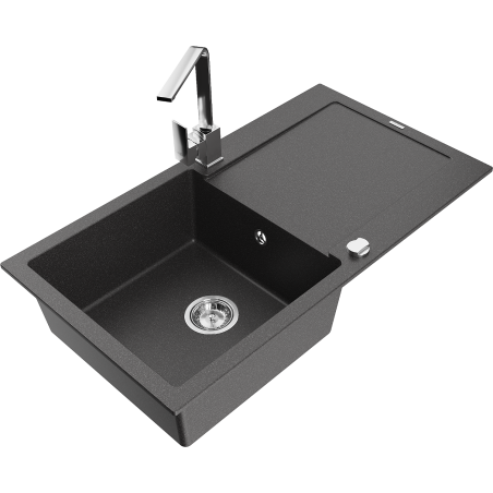 Mexen Leo granitový dřez 1-komorový s odkapávačem a kuchyňskou baterií Rita, černý skvrnitý - 6501-76-670300-00