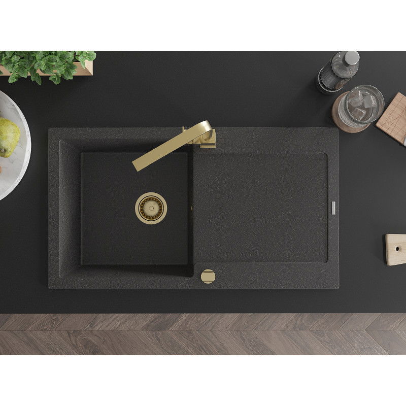 Mexen Leo žulový dřez s 1 komorou s odkapávačem a kuchyňskou baterií Rita, černý skvrnitý - 6501-76-670300-50