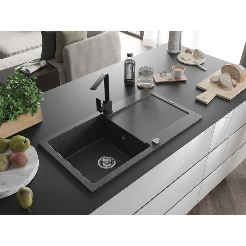 Mexen Leo granitový dřez 1-komorový s odkapávačem a kuchyňskou baterií Rita, černý kropenatý - 6501-76-670300-70