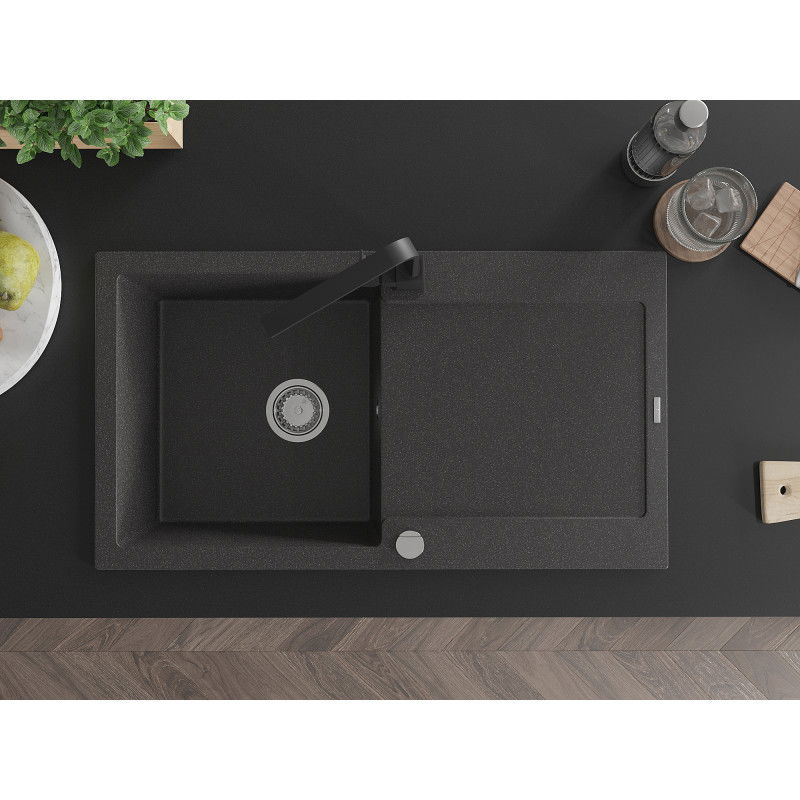 Mexen Leo granitový dřez 1-komorový s odkapávačem a kuchyňskou baterií Rita, černý kropenatý - 6501-76-670300-70