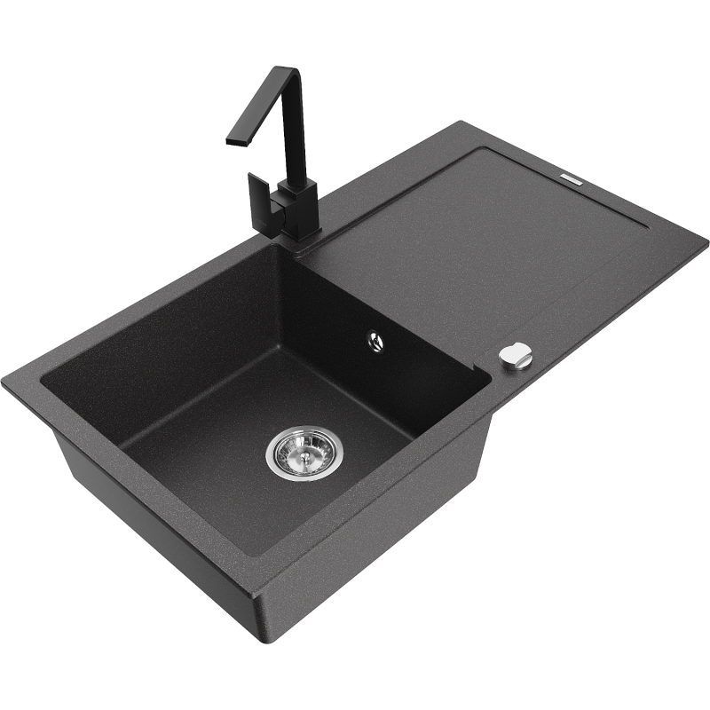 Mexen Leo granitový dřez 1-komorový s odkapávačem a kuchyňskou baterií Rita, černý kropenatý - 6501-76-670300-70