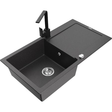 Mexen Leo granitový dřez 1-komorový s odkapávačem a kuchyňskou baterií Rita, černý kropenatý - 6501-76-670300-70