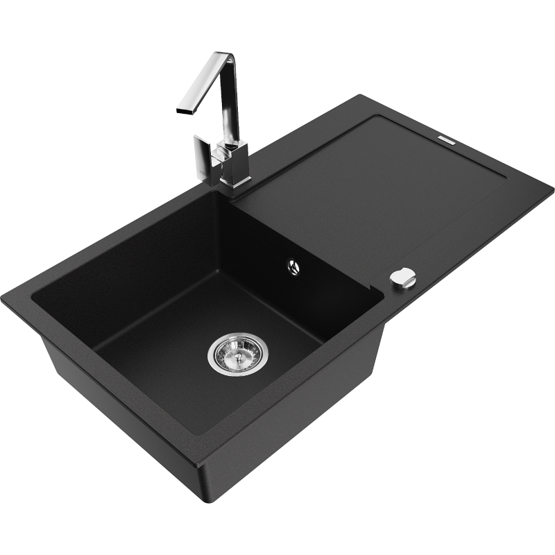 Mexen Leo granitový dřez 1-komorový s odkapávačem a kuchyňskou baterií Rita, černý - 6501-77-670300-00