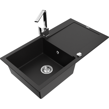 Mexen Leo granitový dřez 1-komorový s odkapávačem a kuchyňskou baterií Rita, černý - 6501-77-670300-00