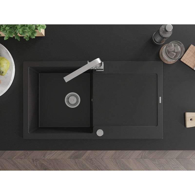 Mexen Leo granitový dřez 1-komorový s odkapávačem a kuchyňskou baterií Rita, černý - 6501-77-670300-00