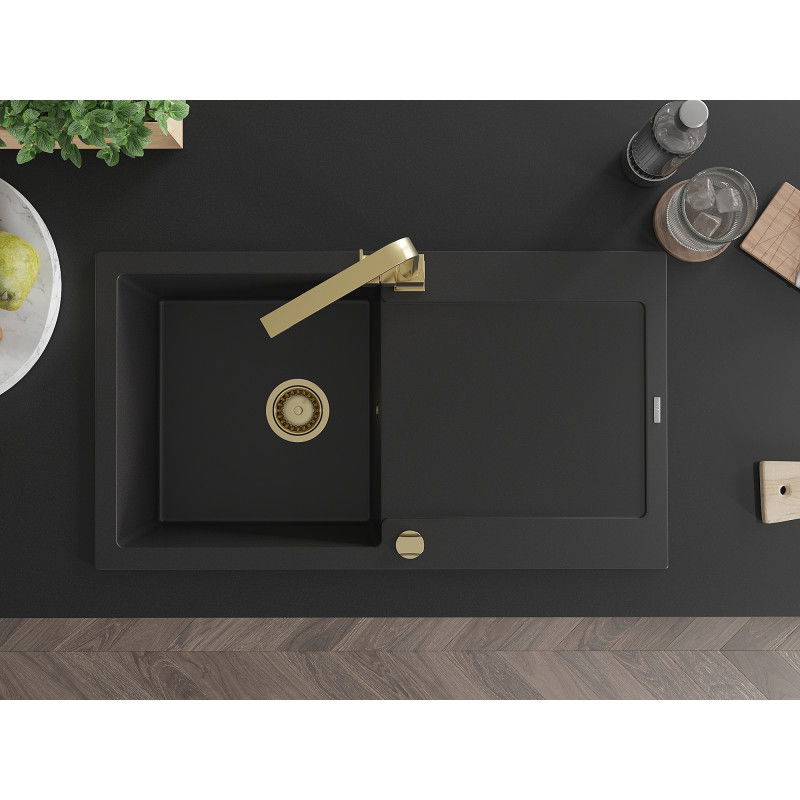 Mexen Leo granitový dřez 1-komorový s odkapávačem a kuchyňskou baterií Rita, černý - 6501-77-670300-50
