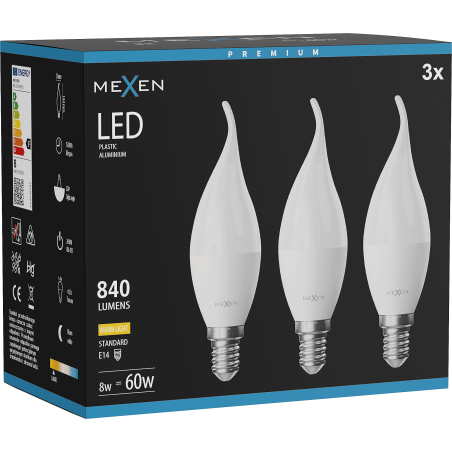 Mexen Nova 3x LED žárovka plamínek E14, C37, 8W, Teplá - 3000K, 840 lm - L106-E14-0830-01x03