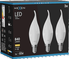 Mexen Nova 3x LED žárovka plamínek E14, C37, 8W, Teplá - 3000K, 840 lm - L106-E14-0830-01x03