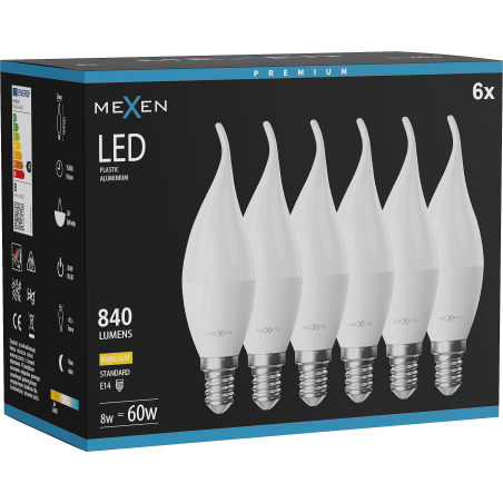 Mexen Nova 6x LED žárovka plamen E14, C37, 8W, Teplá - 3000K, 840 lm - L106-E14-0830-01x06