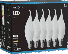 Mexen Nova 6x LED žárovka plamen E14, C37, 8W, Teplá - 3000K, 840 lm - L106-E14-0830-01x06