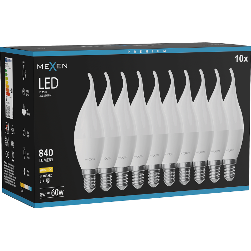 Mexen Nova 10x LED žárovka plamínek E14, C37, 8W, Teplá - 3000K, 840 lm - L106-E14-0830-01x10