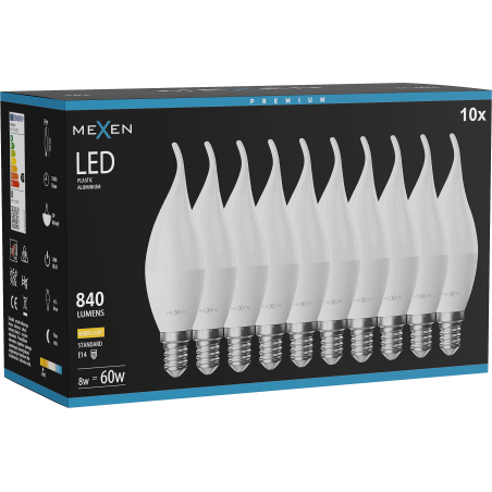 Mexen Nova 10x LED žárovka plamínek E14, C37, 8W, Teplá - 3000K, 840 lm - L106-E14-0830-01x10
