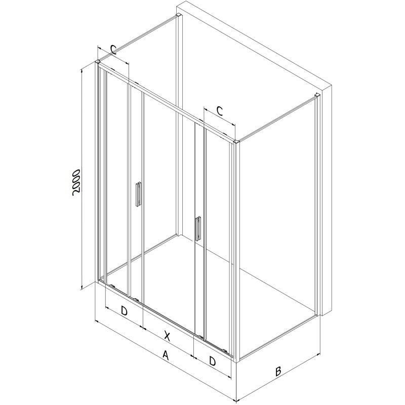 Mexen Exo-3S sprchový kout 3-stěnný posuvný 190 x 80 cm, transparentní, černý - 8152-190-080-70-00-3S
