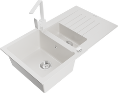 Mexen Matias granitový dřez 1,5-komorový s odkapávačem a kuchyňskou baterií Rita, bílý - 6502-20-670300-20
