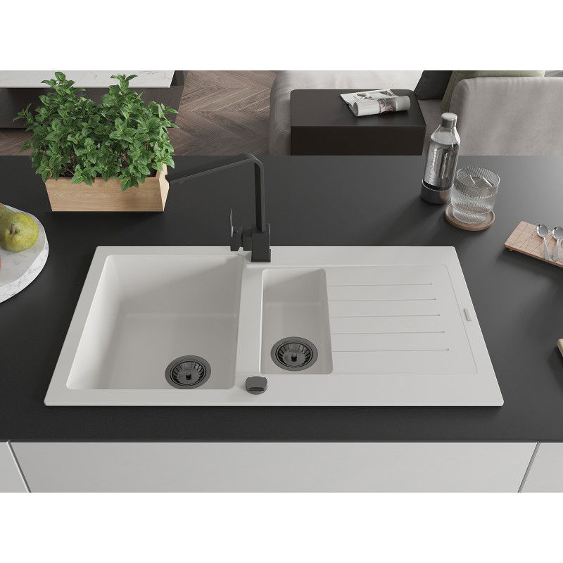 Mexen Matias granitový dřez 1,5-komorový s odkapávačem a kuchyňskou baterií Rita, bílý - 6502-20-670300-70