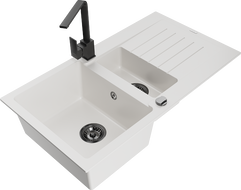 Mexen Matias granitový dřez 1,5-komorový s odkapávačem a kuchyňskou baterií Rita, bílý - 6502-20-670300-70