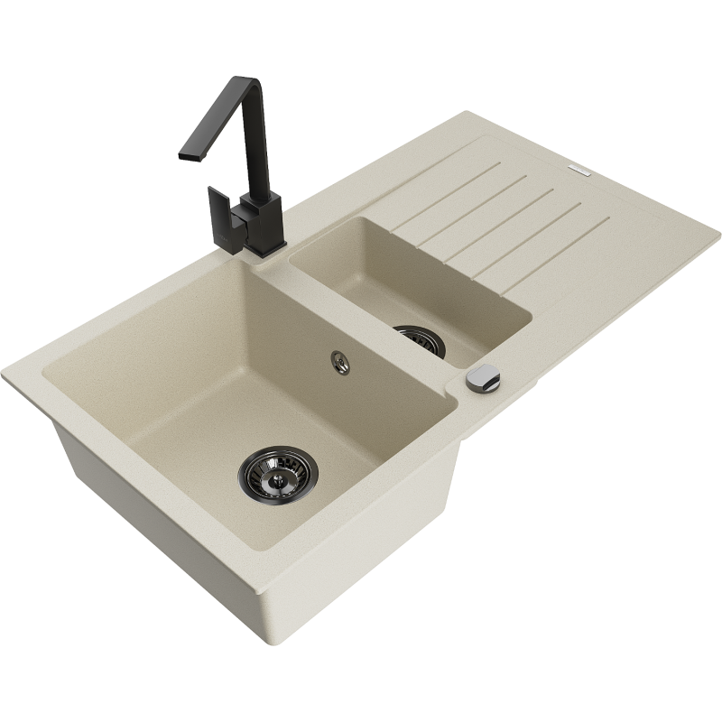 Mexen Matias granitový dřez 1,5-komorový s odkapávačem a kuchyňskou baterií Rita, béžový - 6502-69-670300-70
