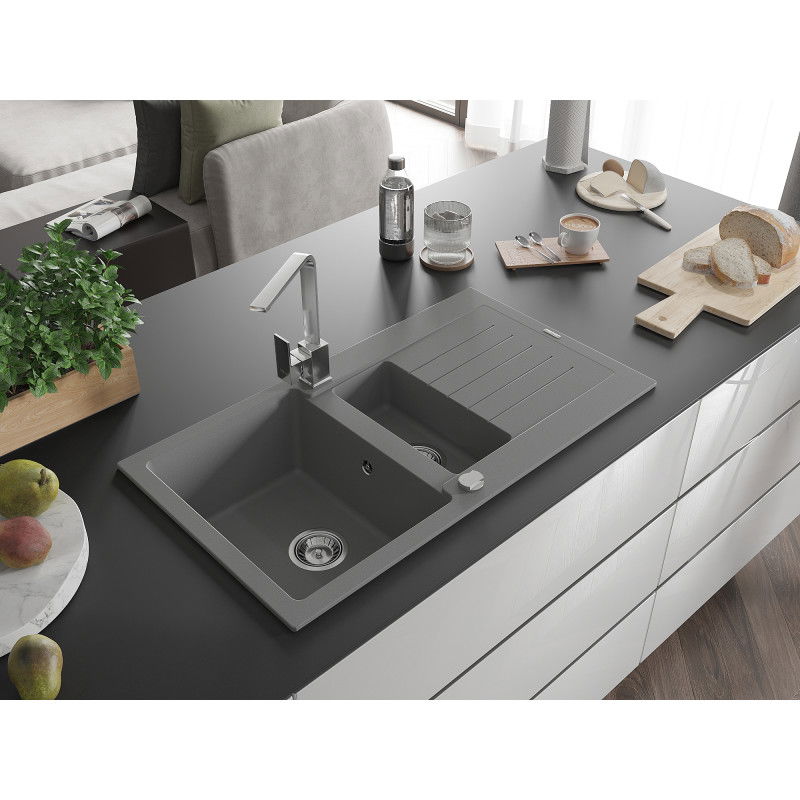 Mexen Matias granitový dřez 1,5-komorový s odkapávačem a kuchyňskou baterií Rita, šedý - 6502-71-670300-00