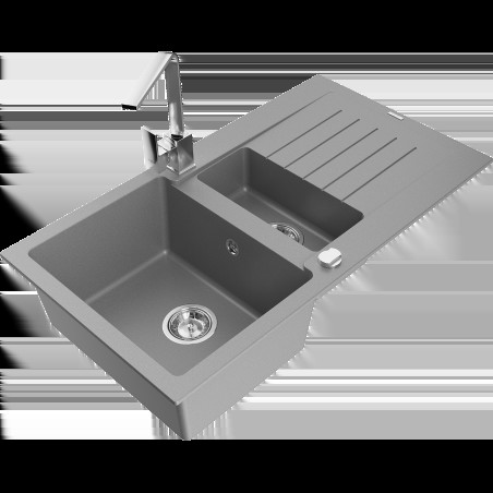 Mexen Matias 1,5-miskový granitový dřez s odkapávačem a kuchyňskou baterií Rita, Šedá - 6502-71-670300-00