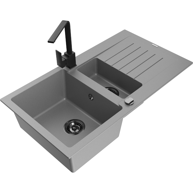 Mexen Matias granitový dřez 1,5-komorový s odkapávačem a kuchyňskou baterií Rita, šedý - 6502-71-670300-70-B