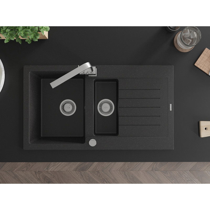 Mexen Matias žulový dřez 1,5-komorový s odkapávačem a kuchyňskou baterií Rita, černý/stříbrný metalik - 6502-73-670300-00
