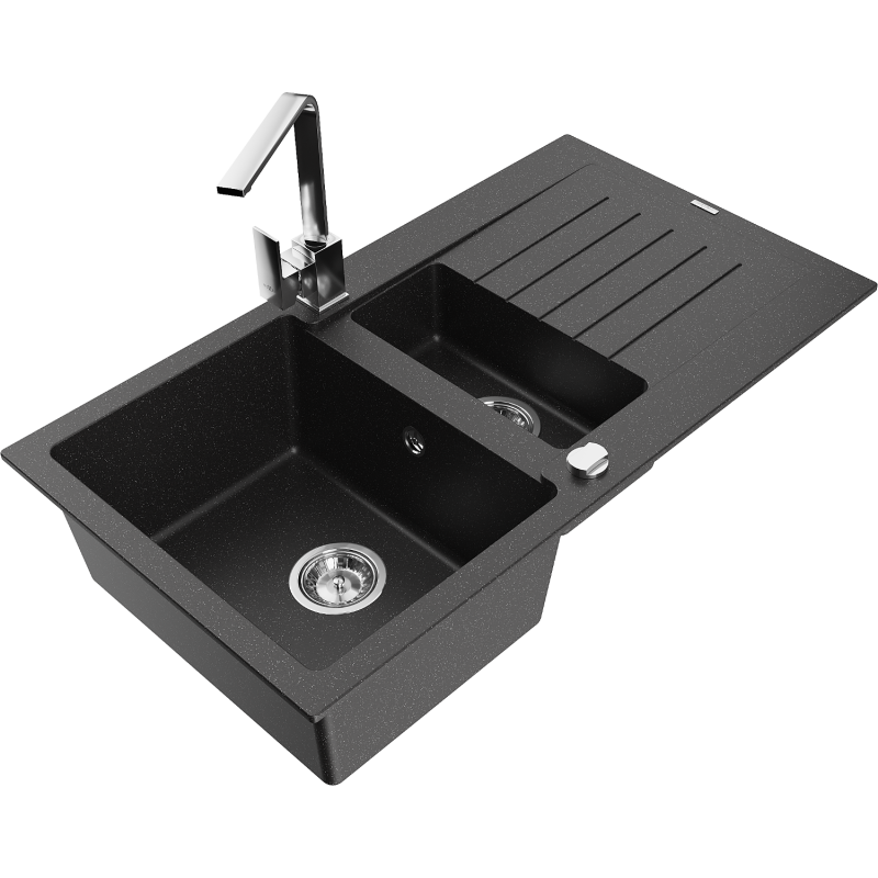 Mexen Matias žulový dřez 1,5-komorový s odkapávačem a kuchyňskou baterií Rita, černý/stříbrný metalik - 6502-73-670300-00
