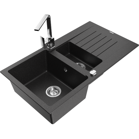 Mexen Matias žulový dřez 1,5-komorový s odkapávačem a kuchyňskou baterií Rita, černý/stříbrný metalik - 6502-73-670300-00