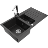 Mexen Matias žulový dřez 1,5-komorový s odkapávačem a kuchyňskou baterií Rita, černý/stříbrný metalik - 6502-73-670300-00