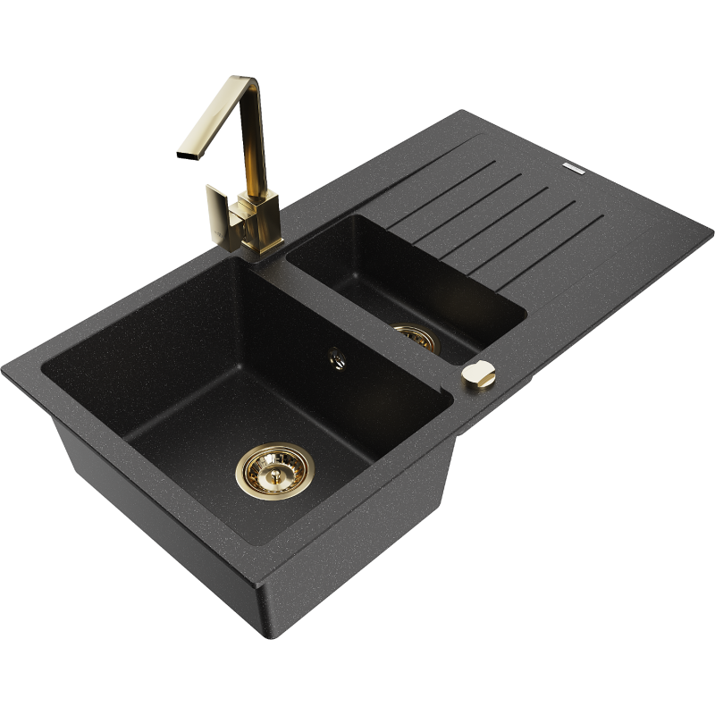 Mexen Matias granitový dřez 1,5-komorový s odkapávačem a kuchyňskou baterií Rita, černý/stříbrný metalik - 6502-73-670300-50