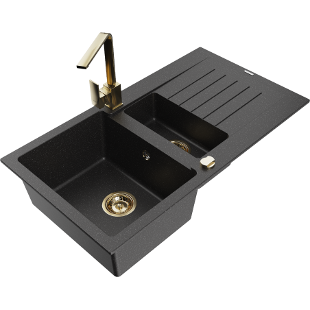 Mexen Matias granitový dřez 1,5-komorový s odkapávačem a kuchyňskou baterií Rita, černý/stříbrný metalik - 6502-73-670300-50