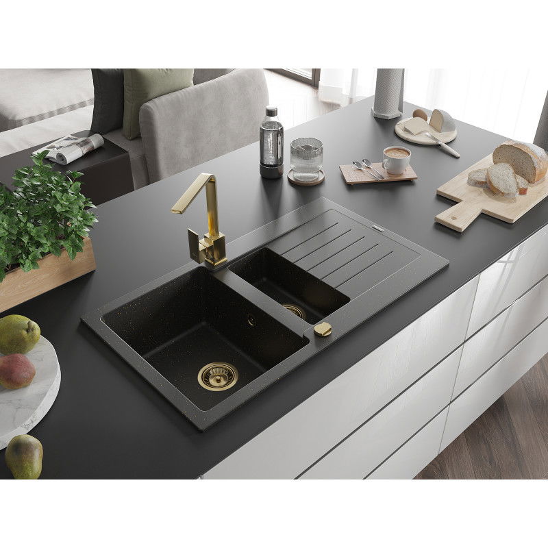 Mexen Matias granitový dřez 1,5-komorový s odkapávačem a kuchyňskou baterií Rita, černý/zlatý - 6502-75-670300-50